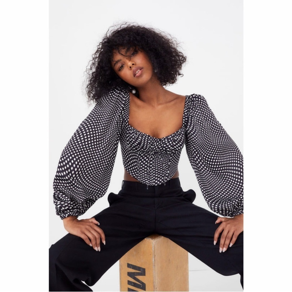 For Love and Lemons Kat Long Sleeve Corset Top Polka Dot